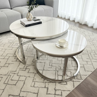 Luxury Kaito Nest of 2 Silver Round Coffee Tables With Polar White Stone Tops