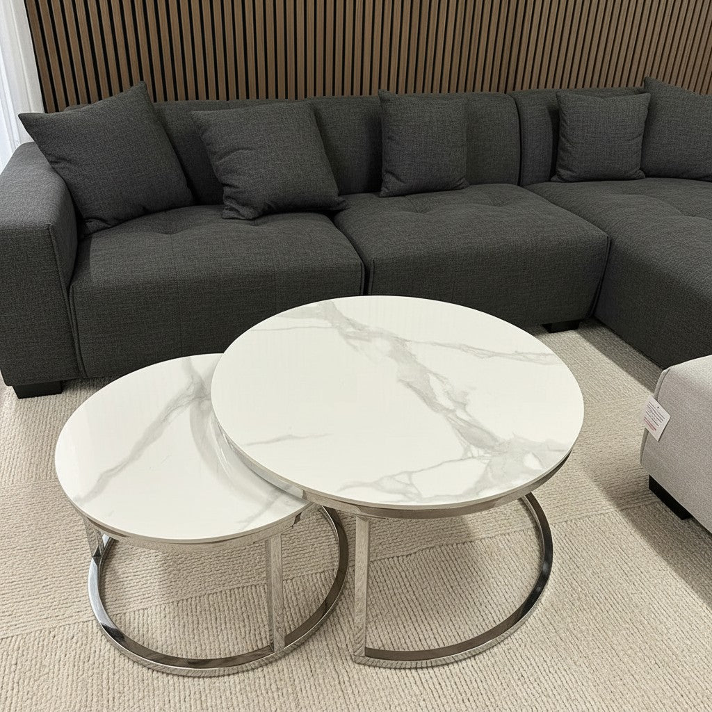 Luxury Kaito Nest of 2 Silver Round Coffee Tables With Polar White Stone Tops