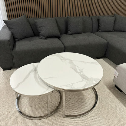 Luxury Kaito Nest of 2 Silver Round Coffee Tables With Polar White Stone Tops