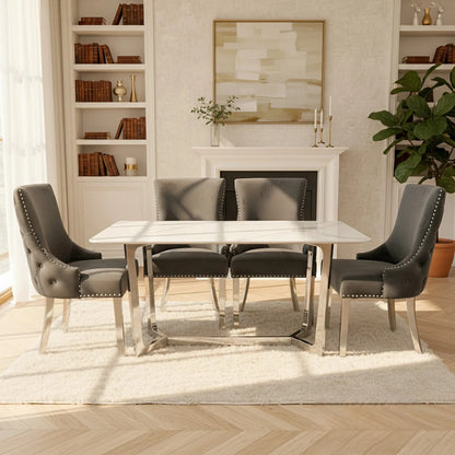 Luxury Loki 1.6m White Sintered Stone Chrome Dining Set Table With Oskar Dark Grey Velvet Chairs