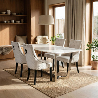 Luxury Loki 1.6m White Sintered Stone Chrome Dining Set Table With Gunnar Light Grey Velvet Chairs