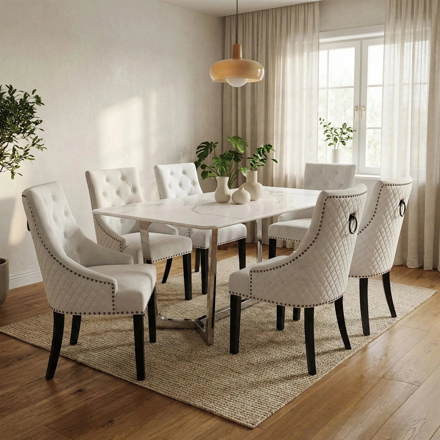 Luxury Loki 1.6m White Sintered Stone Chrome Dining Set Table With Gunnar Light Grey Velvet Chairs