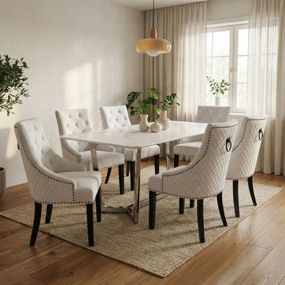 Luxury Loki 1.6m White Sintered Stone Chrome Dining Set Table With Gunnar Light Grey Velvet Chairs