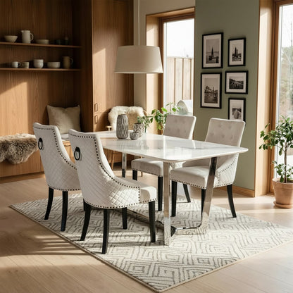 Luxury Loki 1.6m White Sintered Stone Chrome Dining Set Table With Gunnar Light Grey Velvet Chairs