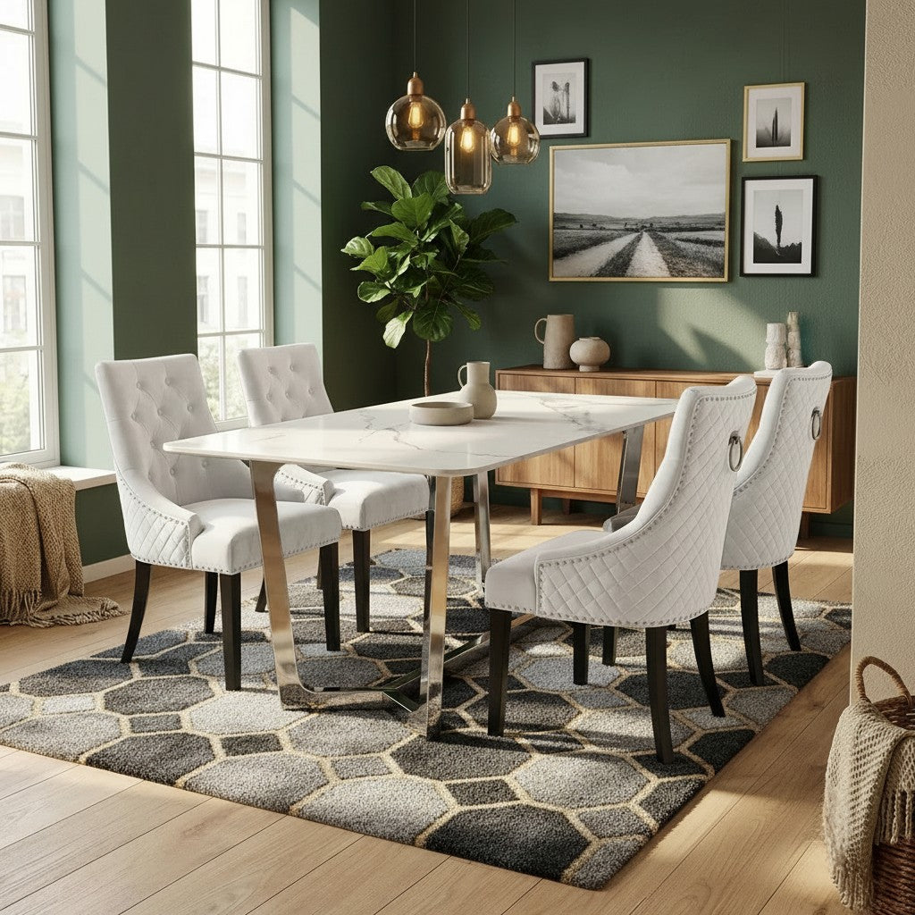 Luxury Loki 1.6m White Sintered Stone Chrome Dining Set Table With Gunnar Light Grey Velvet Chairs