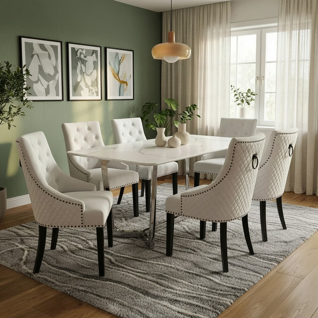 Luxury Loki 1.6m White Sintered Stone Chrome Dining Set Table With Gunnar Light Grey Velvet Chairs