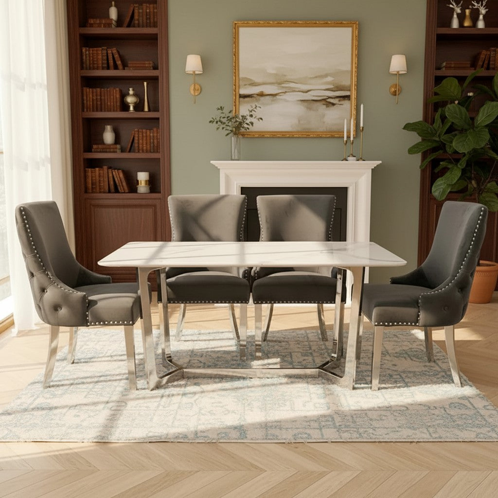 Luxury Loki 1.6m White Sintered Stone Chrome Dining Set Table With Oskar Dark Grey Velvet Chairs
