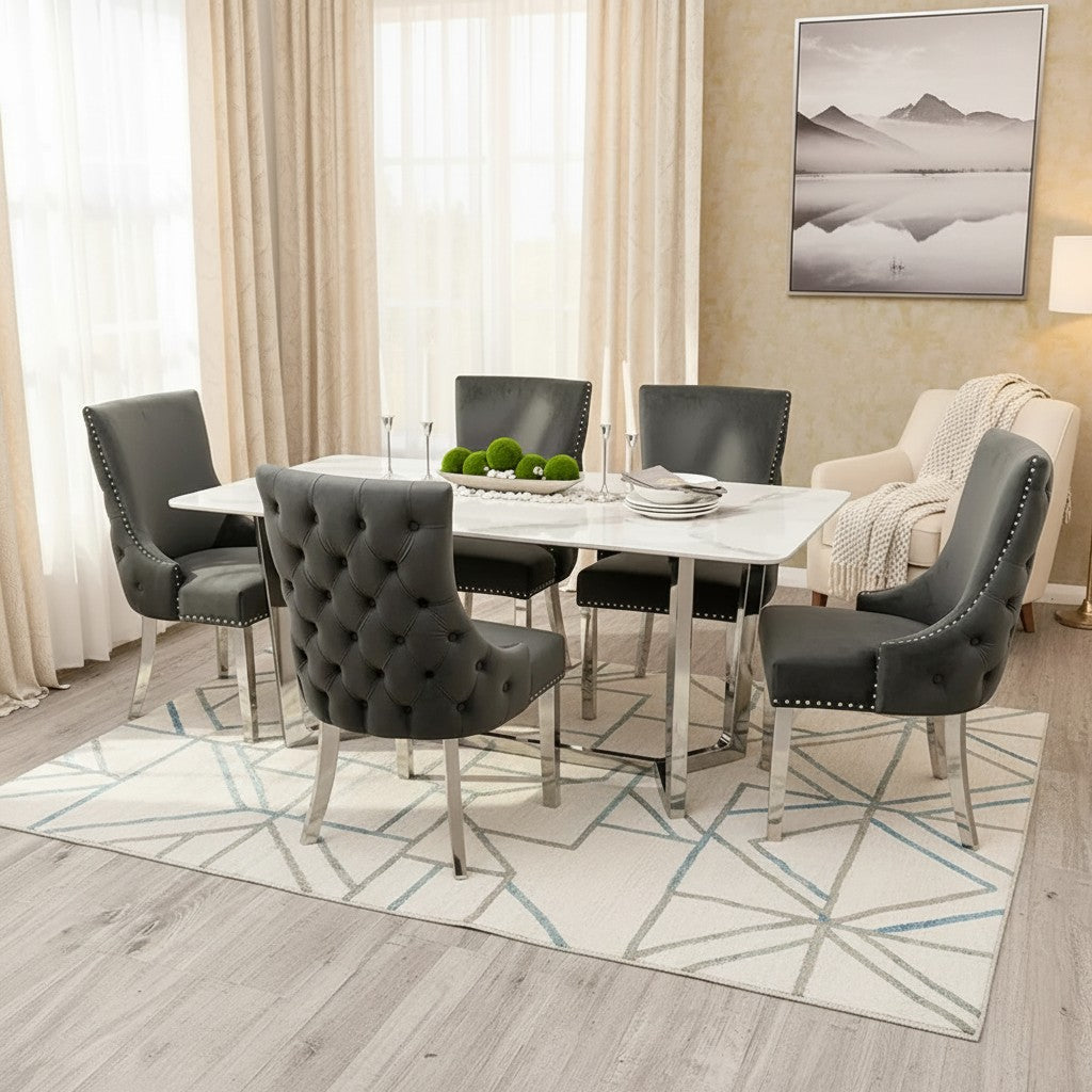 Luxury Loki 1.6m White Sintered Stone Chrome Dining Set Table With Oskar Dark Grey Velvet Chairs