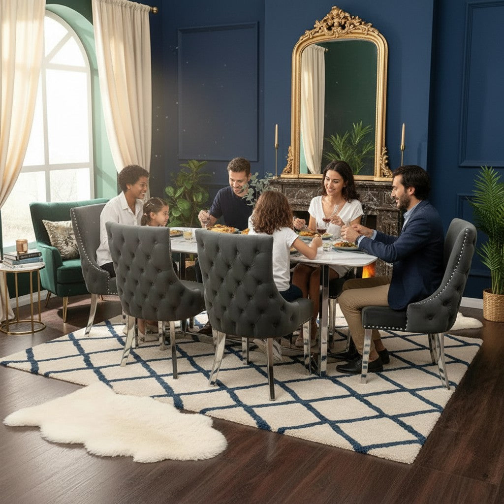 Luxury Loki 1.6m White Sintered Stone Chrome Dining Set Table With Oskar Dark Grey Velvet Chairs