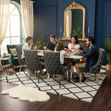Luxury Loki 1.6m White Sintered Stone Chrome Dining Set Table With Oskar Dark Grey Velvet Chairs