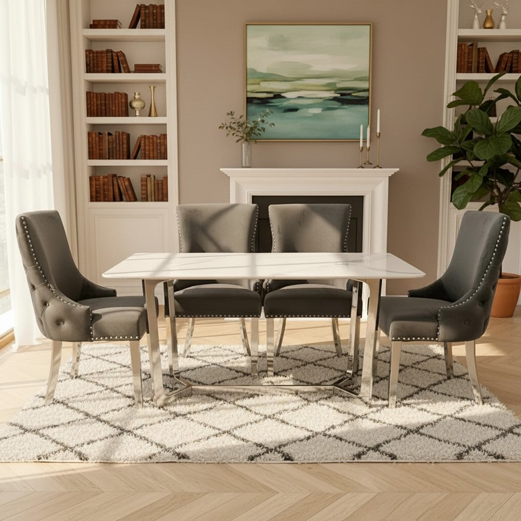 Luxury Loki 1.6m White Sintered Stone Chrome Dining Set Table With Oskar Dark Grey Velvet Chairs
