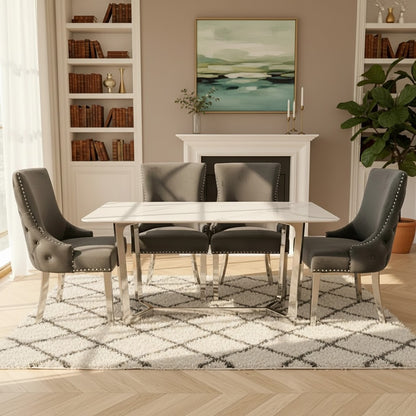 Luxury Loki 1.6m White Sintered Stone Chrome Dining Set Table With Oskar Dark Grey Velvet Chairs