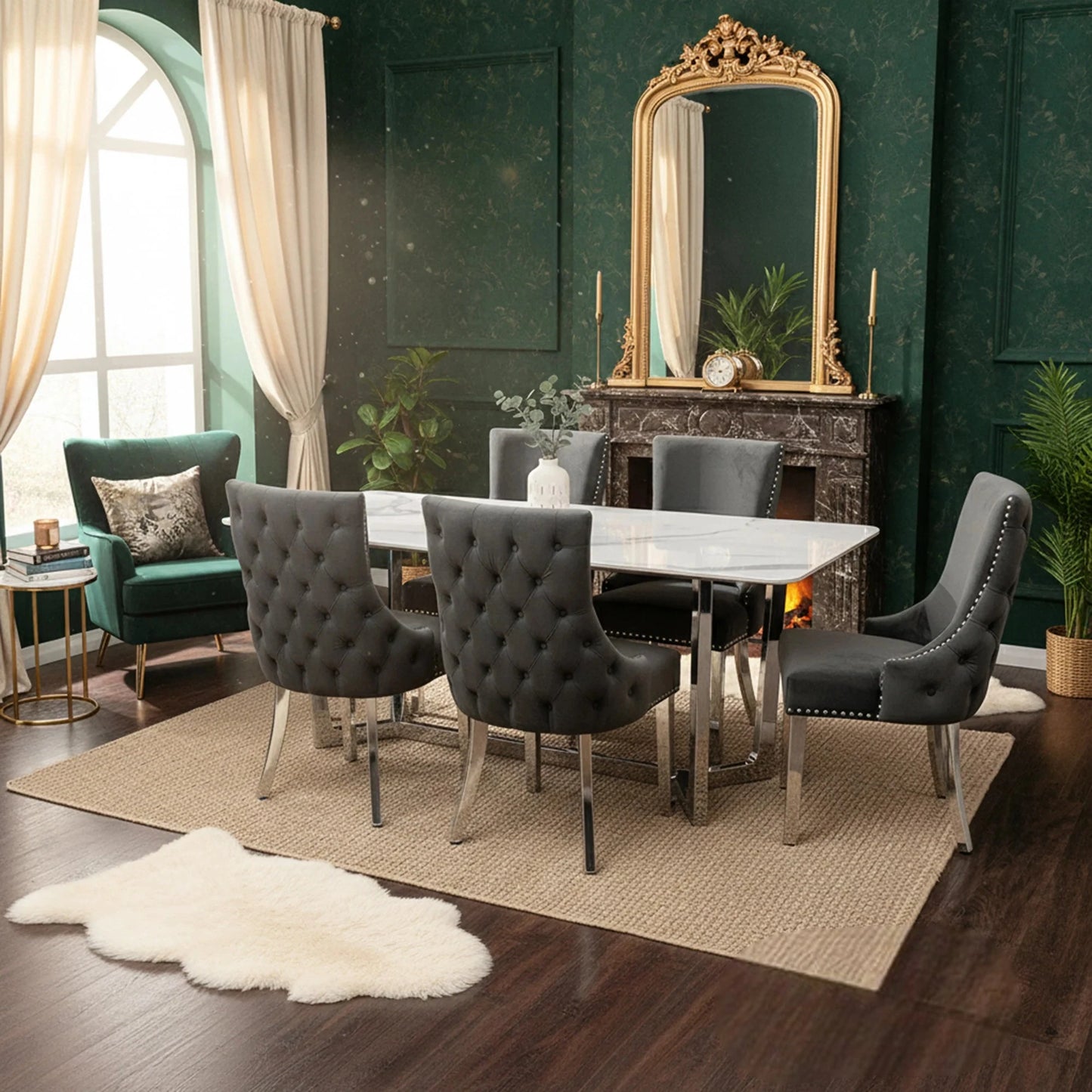 Luxury Loki 1.6m White Sintered Stone Chrome Dining Set Table With Oskar Dark Grey Velvet Chairs