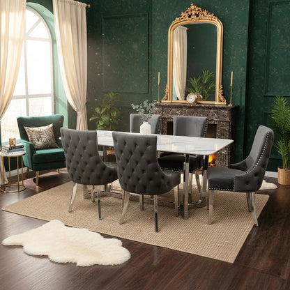 Luxury Loki 1.6m White Sintered Stone Chrome Dining Set Table With Oskar Dark Grey Velvet Chairs