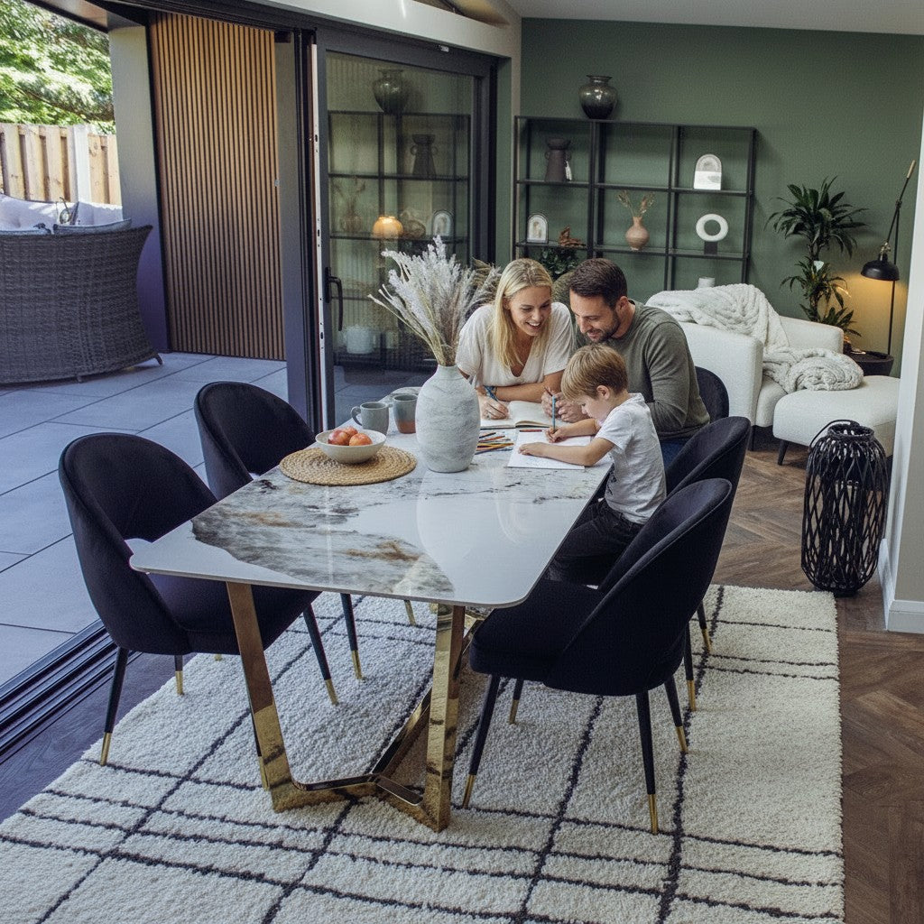 Luxury  Loki 1.8m Gold Dining Set Cream Sintered Stone Table With Bjorn Black Velvet Chairs