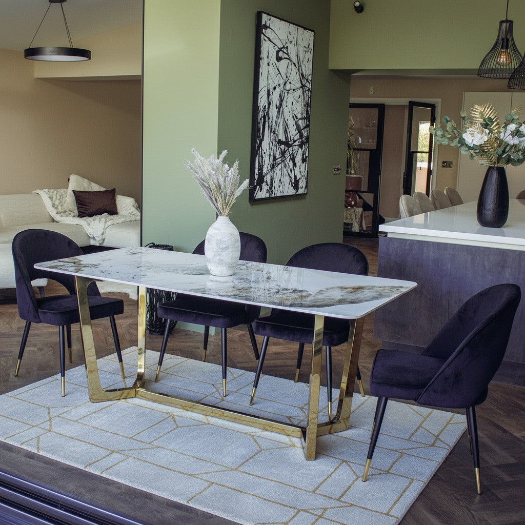 Luxury  Loki 1.8m Gold Dining Set Cream Sintered Stone Table With Bjorn Black Velvet Chairs