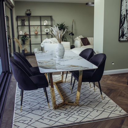 Luxury  Loki 1.8m Gold Dining Set Cream Sintered Stone Table With Bjorn Black Velvet Chairs
