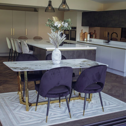 Luxury  Loki 1.8m Gold Dining Set Cream Sintered Stone Table With Bjorn Black Velvet Chairs