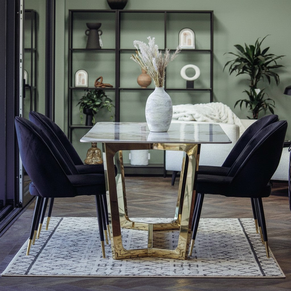 Luxury  Loki 1.8m Gold Dining Set Cream Sintered Stone Table With Bjorn Black Velvet Chairs