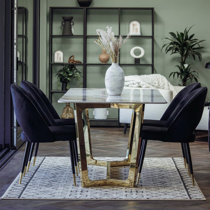 Luxury  Loki 1.8m Gold Dining Set Cream Sintered Stone Table With Bjorn Black Velvet Chairs