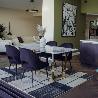 Luxury  Loki 1.8m Gold Dining Set Cream Sintered Stone Table With Bjorn Black Velvet Chairs