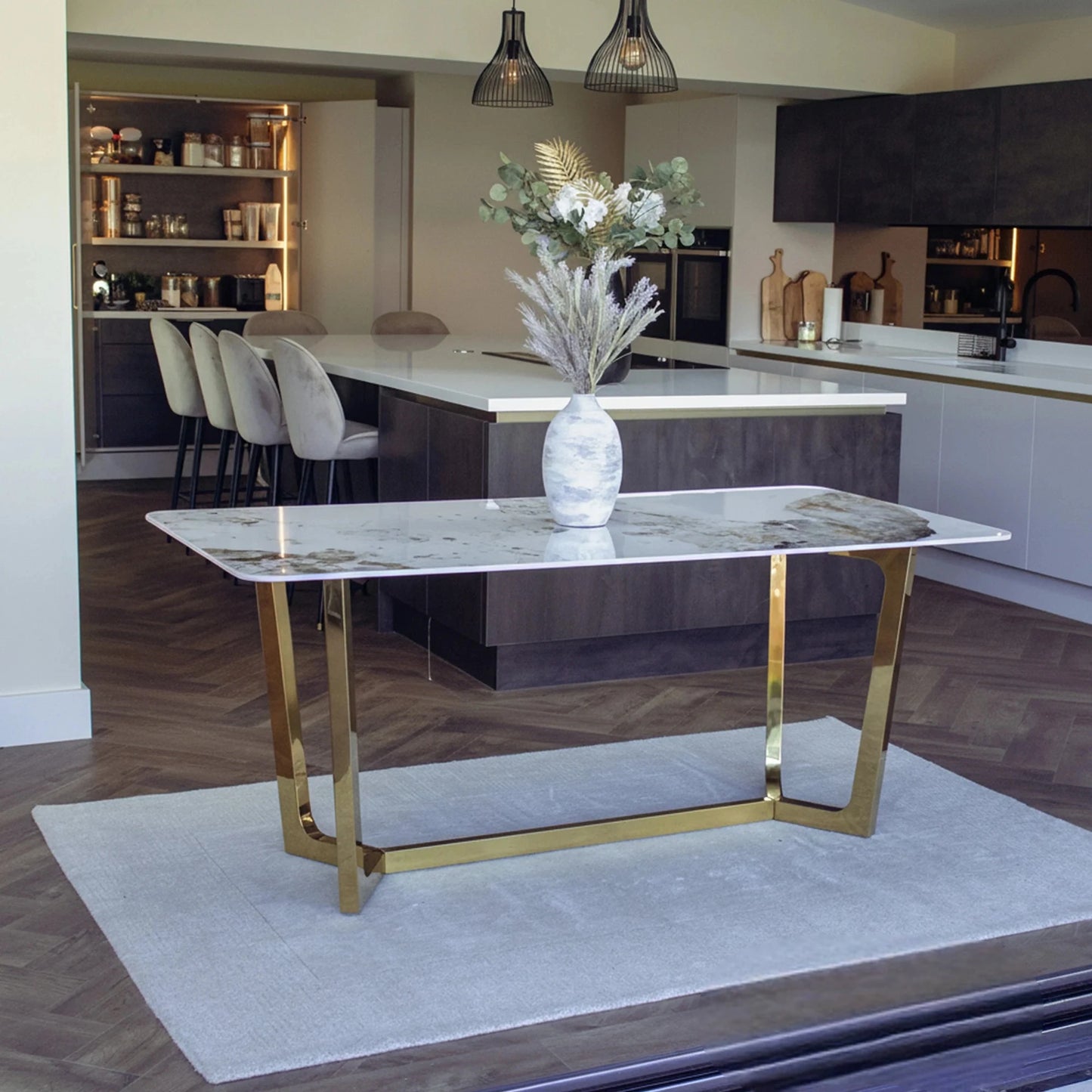 Luxury  Loki 1.8m Gold Dining Set Cream Sintered Stone Table With Bjorn Rust Velvet Chairs