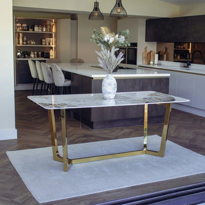 Luxury  Loki 1.8m Gold Dining Set Cream Sintered Stone Table With Bjorn Rust Velvet Chairs