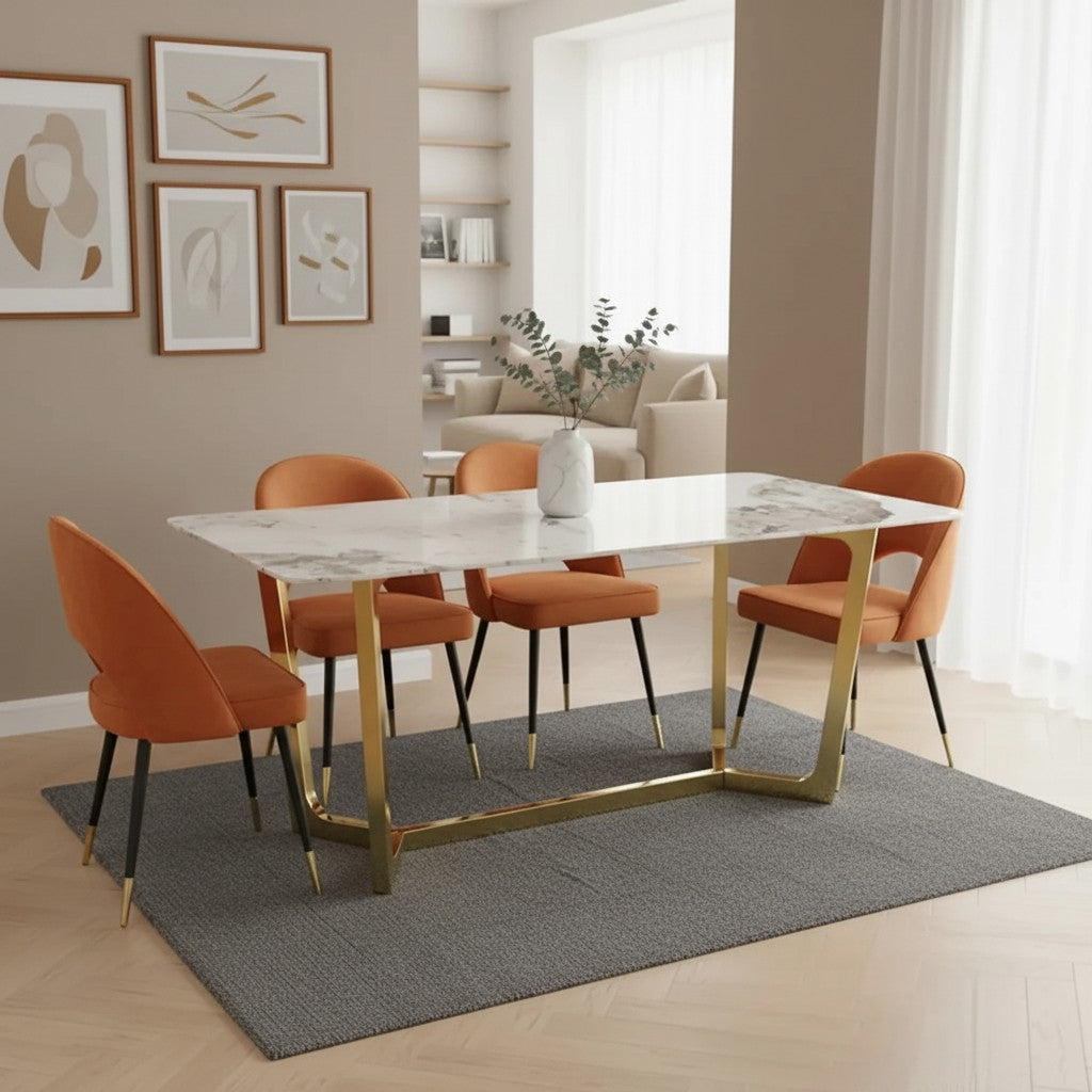Luxury  Loki 1.8m Gold Dining Set Cream Sintered Stone Table With Bjorn Rust Velvet Chairs