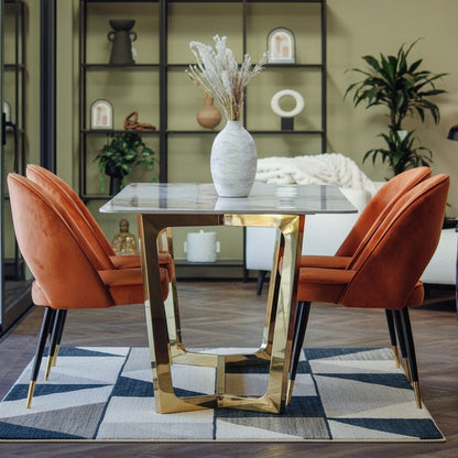 Luxury  Loki 1.8m Gold Dining Set Cream Sintered Stone Table With Bjorn Rust Velvet Chairs