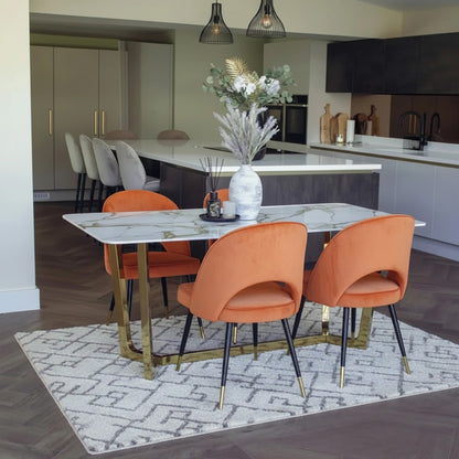 Luxury  Loki 1.8m Gold Dining Set Cream Sintered Stone Table With Bjorn Rust Velvet Chairs