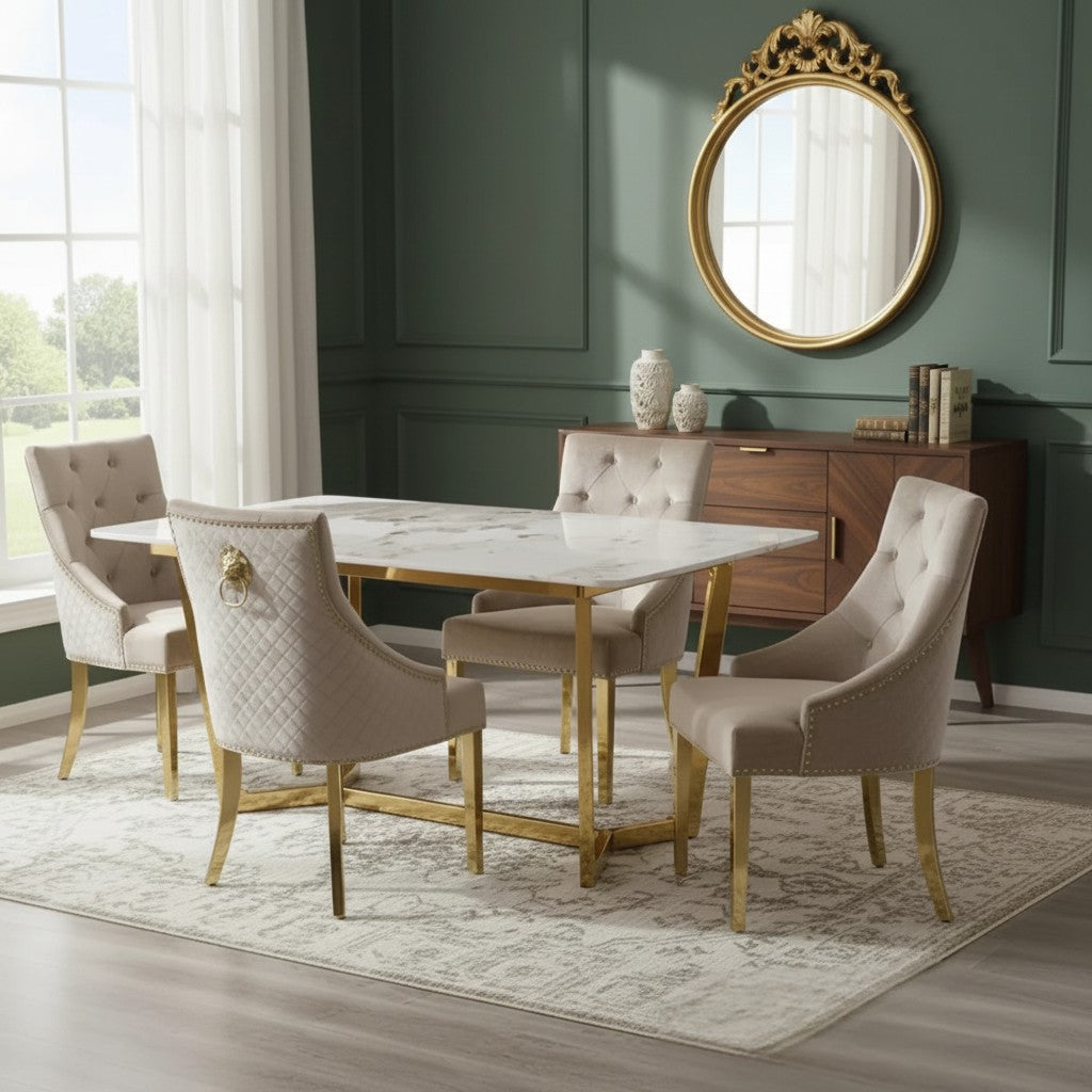 Luxury Loki 1.8m Gold Dining Set Cream Sintered Stone Table With Henrik Beige Velvet Chairs