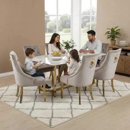 Luxury Loki 1.8m Gold Dining Set Cream Sintered Stone Table With Henrik Beige Velvet Chairs