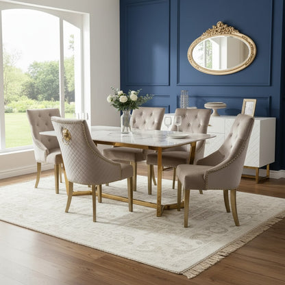 Luxury Loki 1.8m Gold Dining Set Cream Sintered Stone Table With Henrik Beige Velvet Chairs