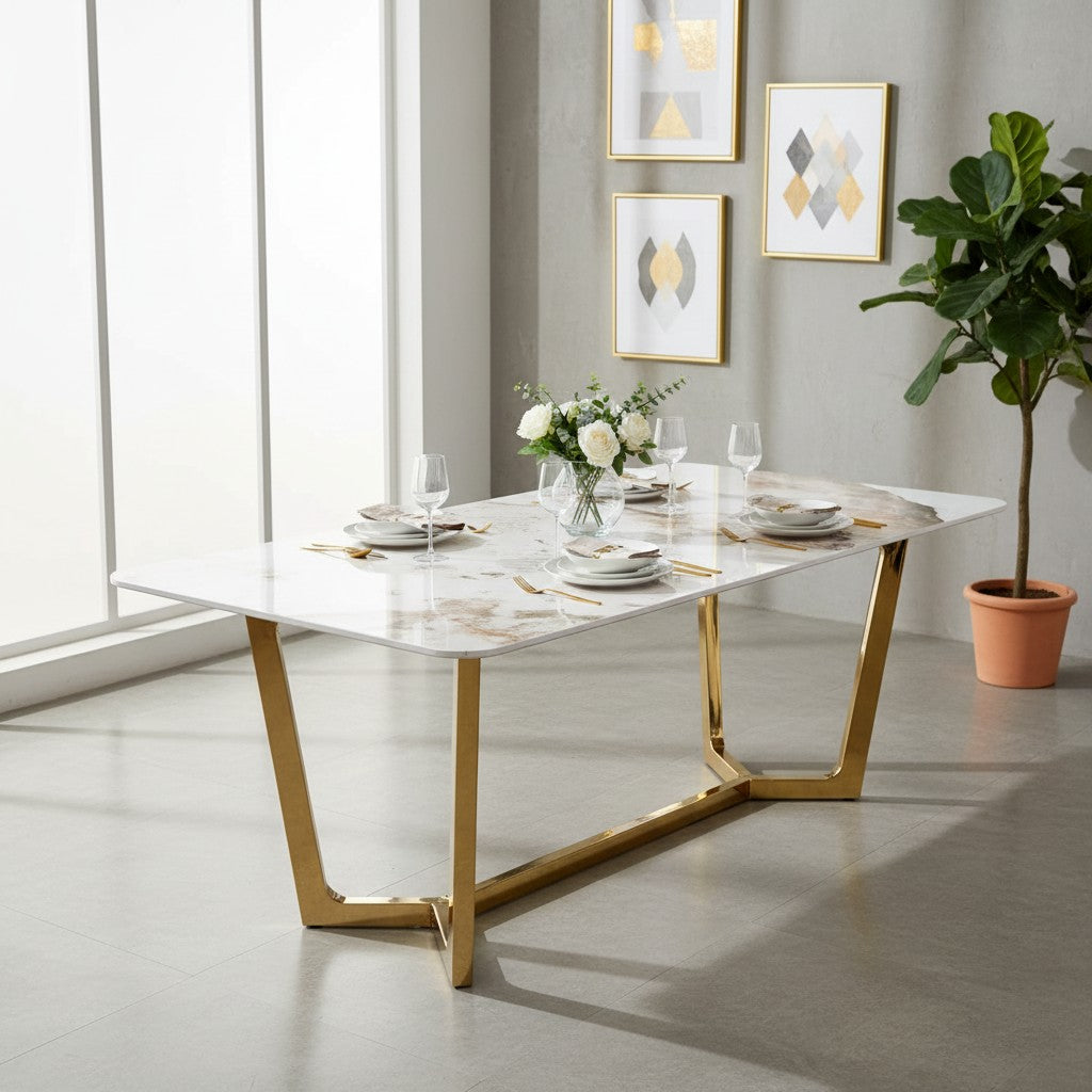 Luxury Loki 1.8m Gold Dining Set Cream Sintered Stone Table With Henrik Beige Velvet Chairs