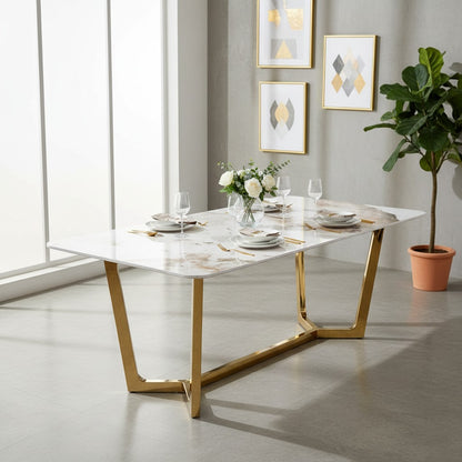 Luxury Loki 1.8m Gold Dining Set Cream Sintered Stone Table With Henrik Beige Velvet Chairs