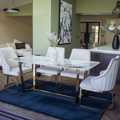 Luxury Loki 1.8m Rectangular Gold Dining Set Cream Sintered Stone Table With Olivia Velvet Chairs