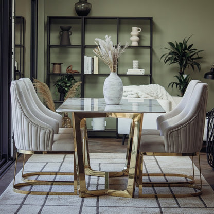 Luxury Loki 1.8m Rectangular Gold Dining Set Cream Sintered Stone Table With Olivia Velvet Chairs