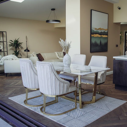 Luxury Loki 1.8m Rectangular Gold Dining Set Cream Sintered Stone Table With Olivia Velvet Chairs