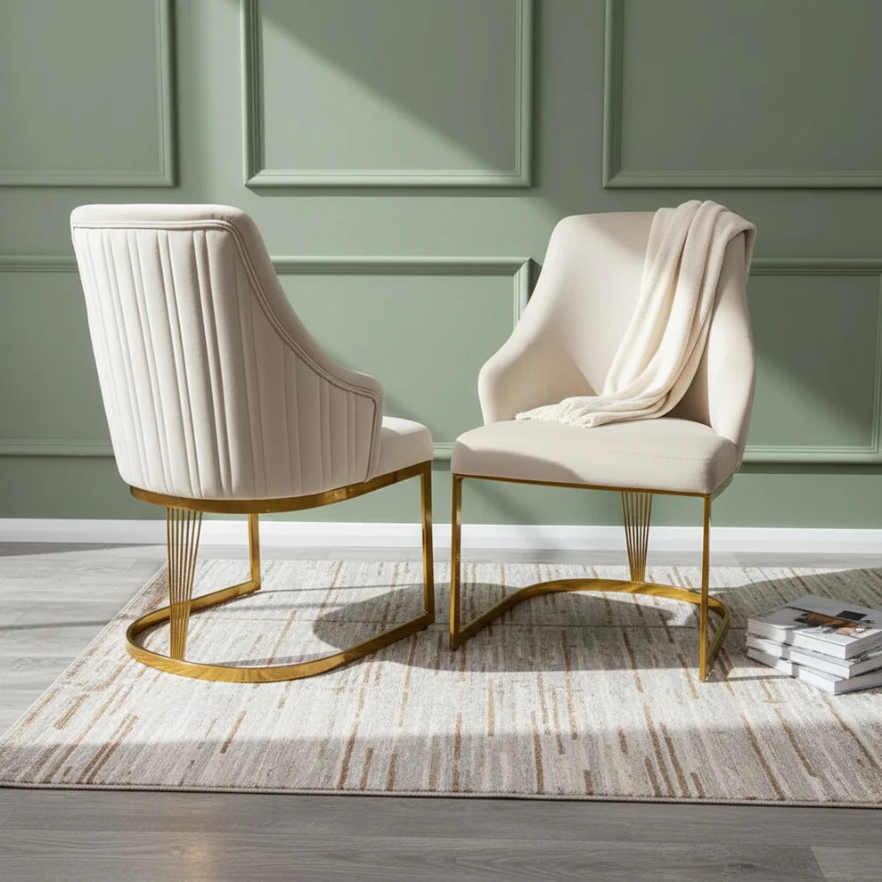 Luxury Loki 1.8m Rectangular Gold Dining Set Cream Sintered Stone Table With Olivia Velvet Chairs