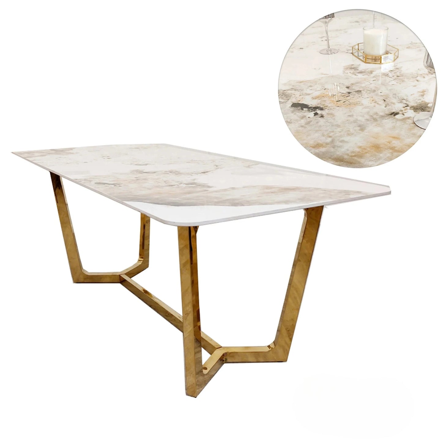 Luxury Loki 1.8m Rectangular Gold Dining Set Cream Sintered Stone Table With Olivia Velvet Chairs