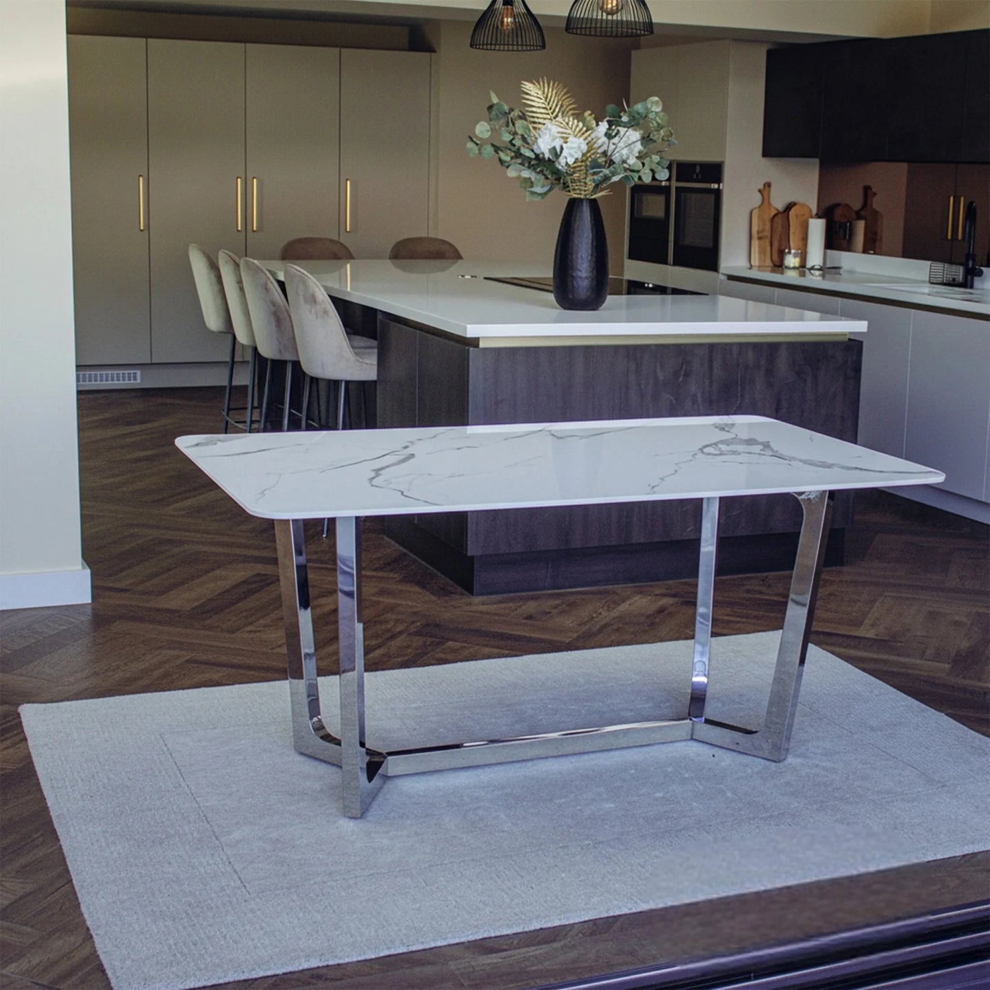 Luxury Loki 160cm White Sintered Stone Dining Table With Chrome Y-Leg Stand