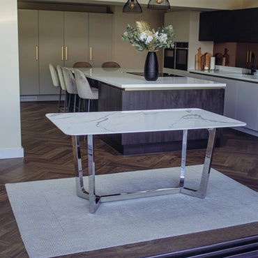 Luxury Loki 160cm White Sintered Stone Dining Table With Chrome Y-Leg Stand
