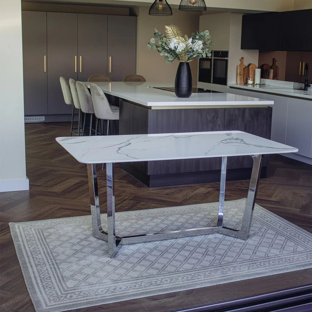 Luxury Loki 160cm White Sintered Stone Dining Table With Chrome Y-Leg Stand