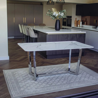 Luxury Loki 160cm White Sintered Stone Dining Table With Chrome Y-Leg Stand