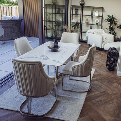 Luxury Loki 160cm White Sintered Stone Dining Table With Chrome Y-Leg Stand