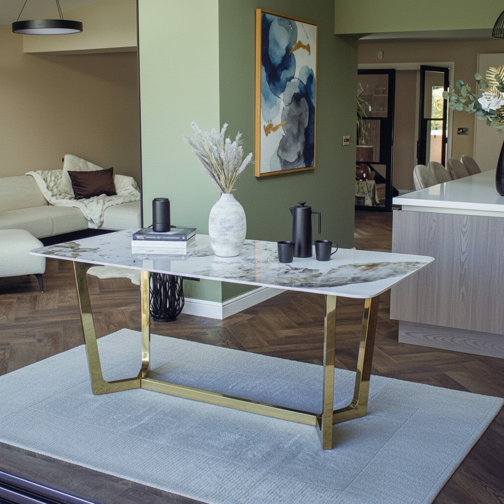 Luxury Loki 180cm Cream Sintered Stone Dining Table With Gold Y-Leg Stand
