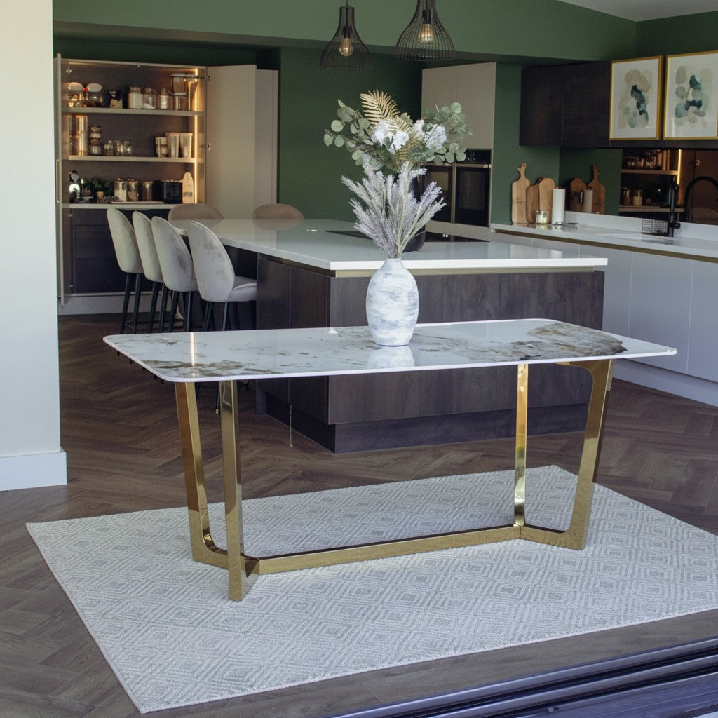 Luxury Loki 180cm Cream Sintered Stone Dining Table With Gold Y-Leg Stand
