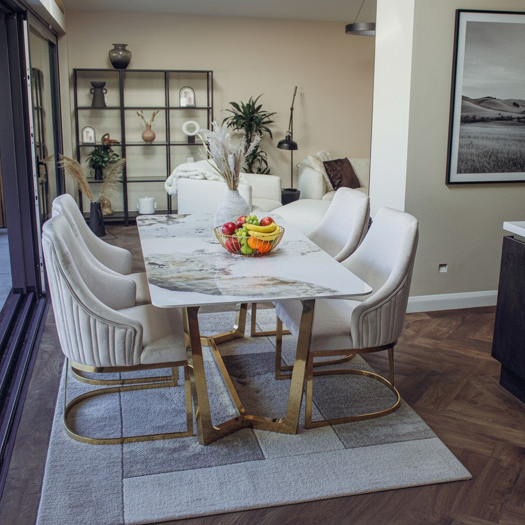 Luxury Loki 180cm Cream Sintered Stone Dining Table With Gold Y-Leg Stand