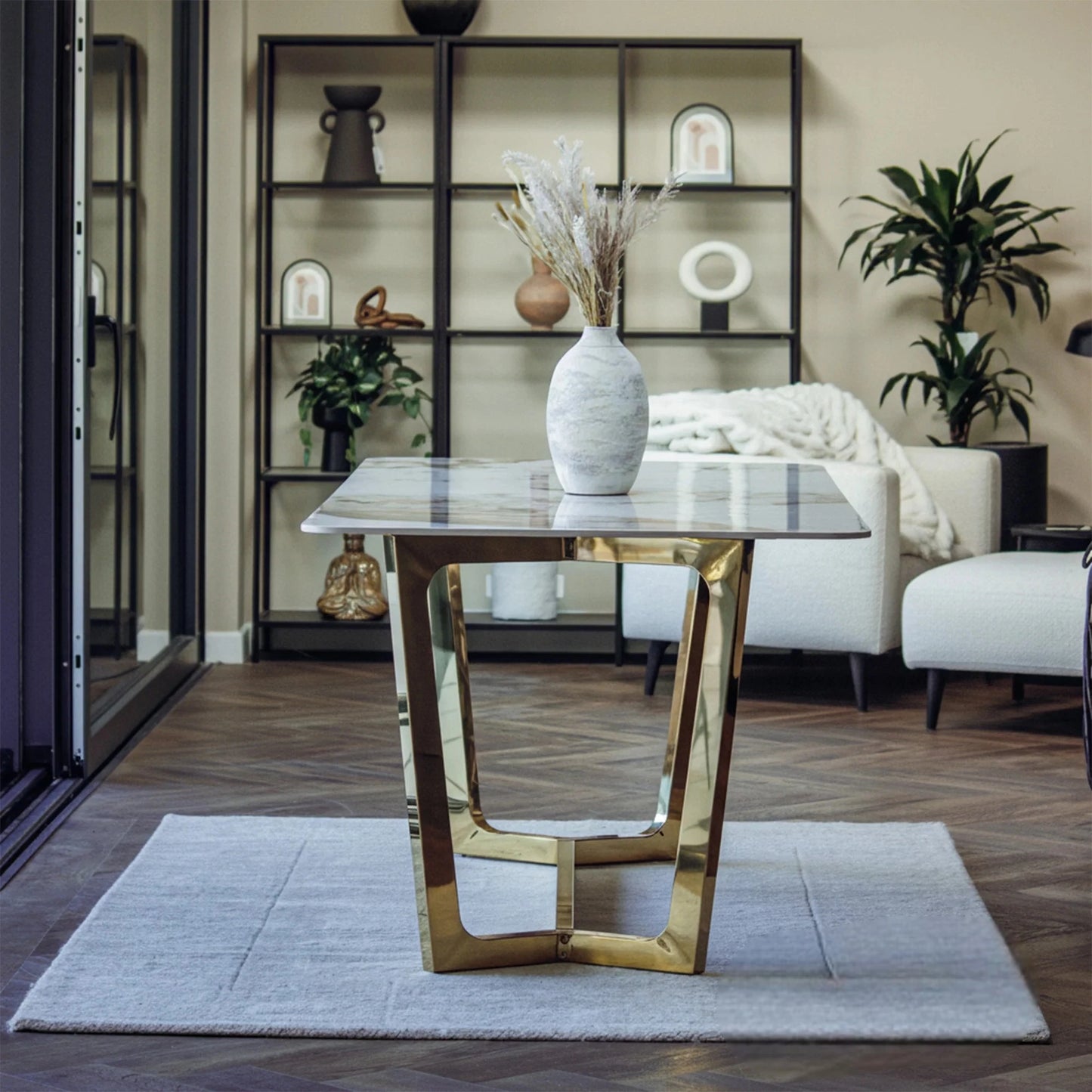 Luxury Loki 180cm Cream Sintered Stone Dining Table With Gold Y-Leg Stand