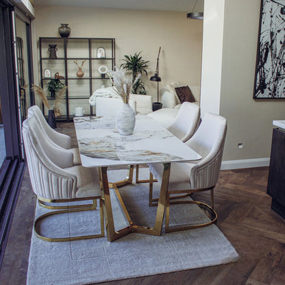 Luxury Loki 180cm Cream Sintered Stone Dining Table With Gold Y-Leg Stand